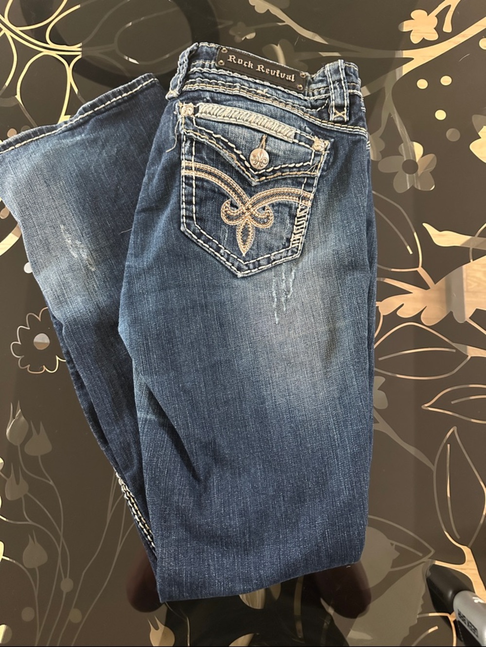 Size 31 Rock Revival Women's Dark Blue Embroidered Back Pocket Boot Cut Jeans
